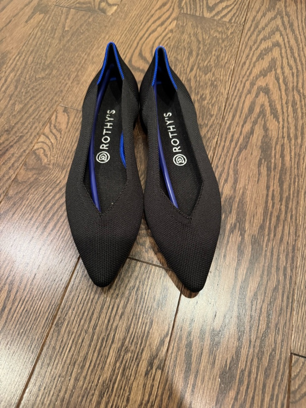 Rothy's Black Pointed Knit Flats with Blue Trim